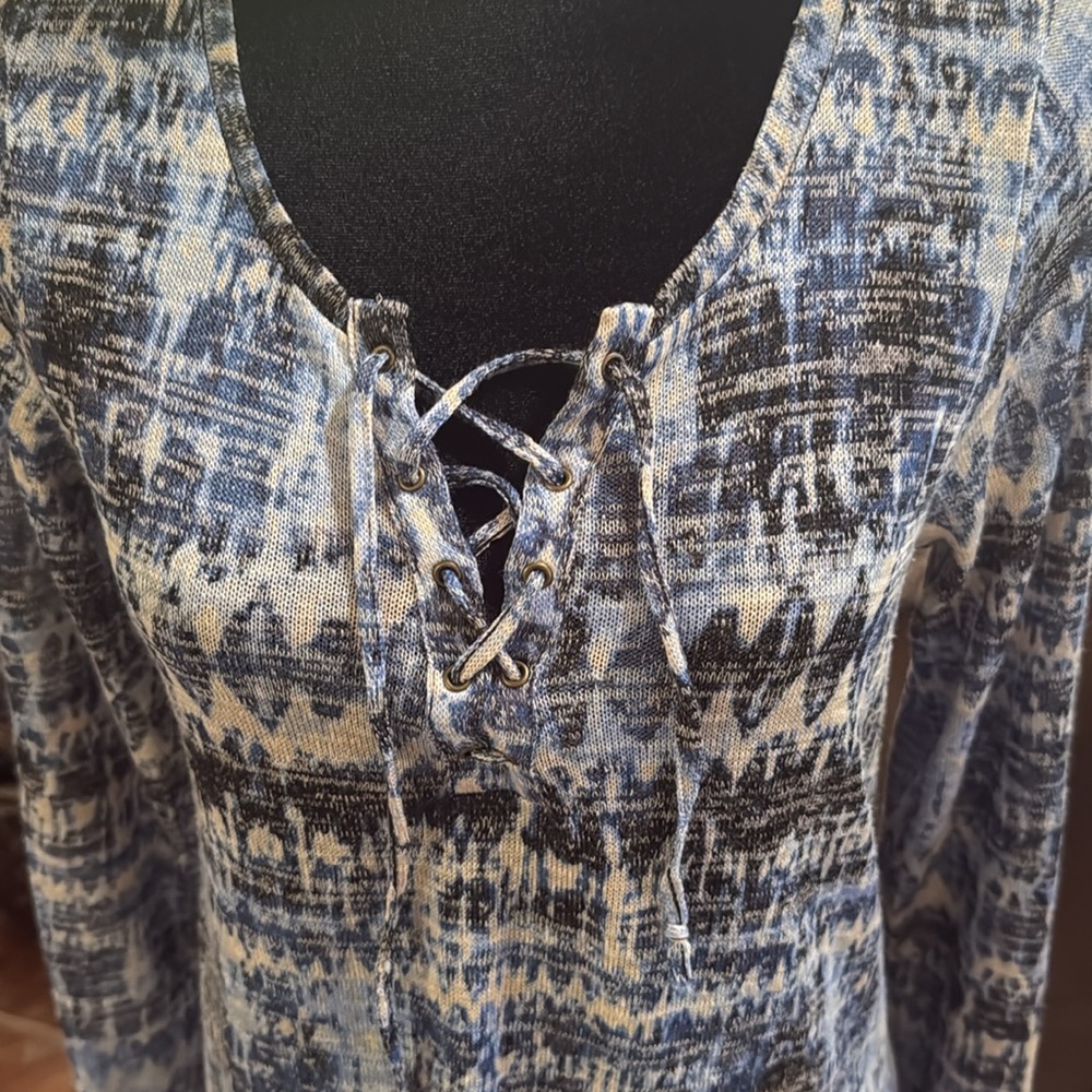 French Laundry Blue Patterned Lace-Up Top - Picture 3 of 4